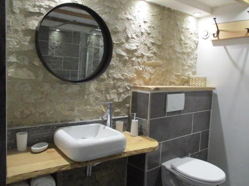 a bathroom with a sink and a mirror and a toilet at la grange aux hirondelles in Sancoins