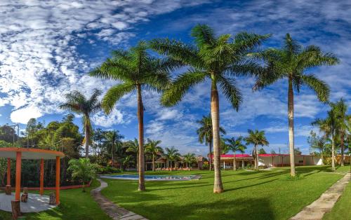 un parque con palmeras y un parque infantil en Altavista Casahotel - Asociado Casa Andina, en Moyobamba