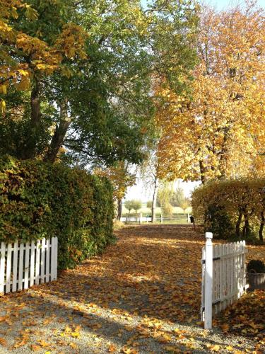 a white fence in a yard with leaves on the ground at Bed & Breakfast Vragerups Gård in Lomma