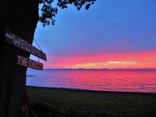 a sunset over the water with a sign on a tree at Hostel Los Chocoyos in Ometepe