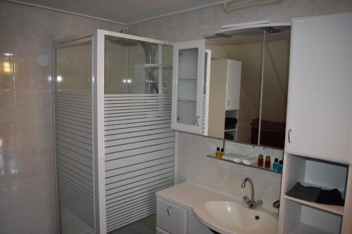 een badkamer met een wastafel, een toilet en een douche bij Reiderland appartementen centrum Bad Nieuweschans 50 meter supermarkt in Nieuweschans