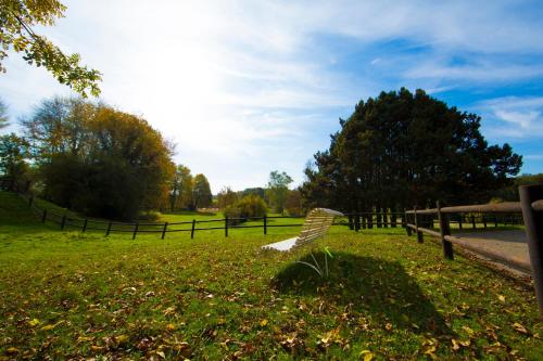 a bench sitting in a field next to a fence at Etoile de Pompadour in Arnac-Pompadour