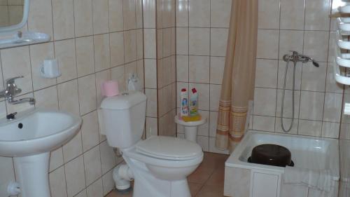 ein kleines Badezimmer mit Toilette und Waschbecken in der Unterkunft Pokoje Gościnne Grzybowo in Grzybowo