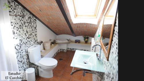 łazienka z toaletą i umywalką w obiekcie Apartamentos Rurales Monfragüe w mieście Torrejón el Rubio