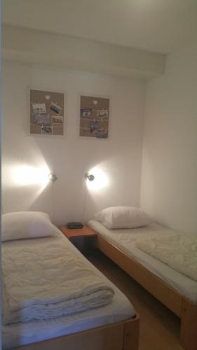 オースト・フリーラントにあるde Zandingのベッド2台 壁に照明2つが備わる客室です。