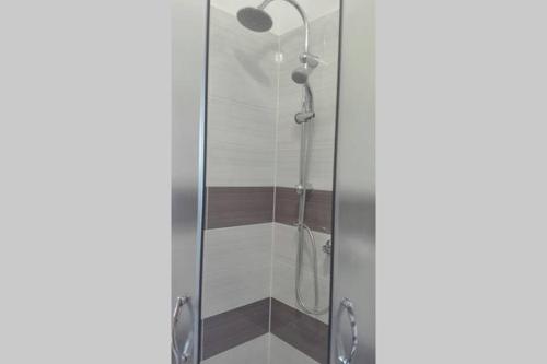een douche met een glazen deur in de badkamer bij Apartment Dunja in Senj