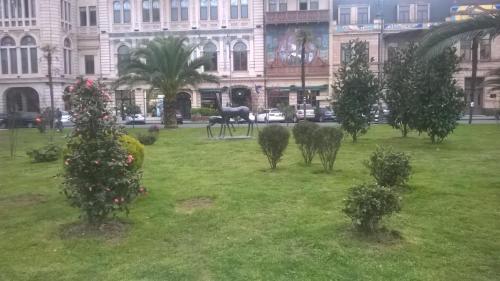 a field with christmas trees in front of a building at OldBatumi Apartment in Batumi