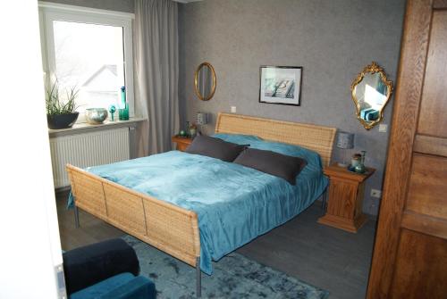 a bedroom with a bed with blue sheets and a mirror at Fewo-Franca in Dahn