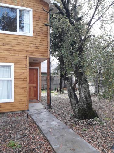 une maison en bois avec une porte à côté d'un arbre dans l'établissement Patagonia Oley, à Puerto Aisén