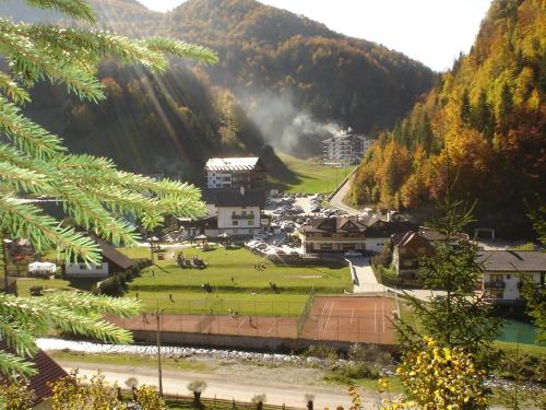 a small town in a valley with a mountain at Resort Cheile Gradistei Moieciu in Moieciu de Sus