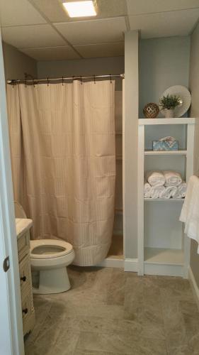 a bathroom with a shower curtain and a toilet at Lily's Lodge in West Springfield