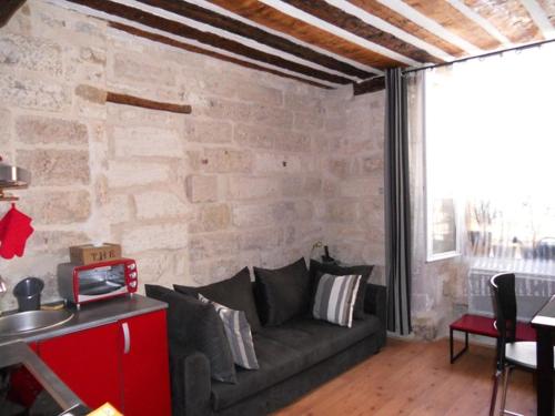 a living room with a couch and a brick wall at Coeur de Provence STC in Avignon