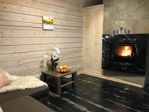 a living room with a fireplace and a couch at Villa Kaiser in Lviv