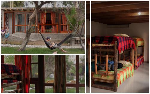 a boy in a hammock in a tree house at Hostal Naylamp in Huanchaco
