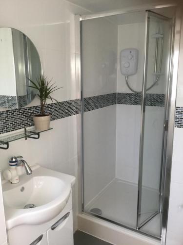 a bathroom with a shower and a sink at Modern Chic Loft Apartment in Birmingham