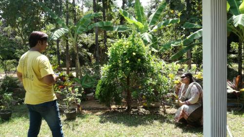 a man and a woman standing in a garden at Homely Guest in Habarana