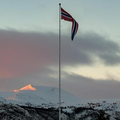 a flag on a pole with a mountain in the background at Rondane Høyfjellshotell in Mysusæter