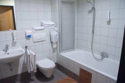 ein Bad mit einem WC, einer Dusche und einem Waschbecken in der Unterkunft Welog Rast Ilz in 