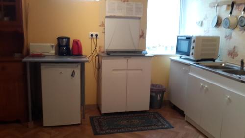 a kitchen with a sink and a counter with a microwave at Oniros in Neuffontaines