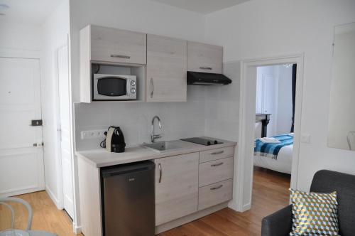 une petite cuisine avec un évier et un micro-ondes dans l'établissement Résidence du Cygne - Swan Residence - Paris centre, à Paris