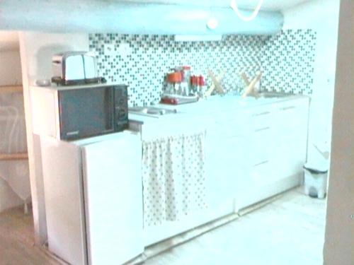 Il comprend une cuisine équipée d'une cuisinière et d'un réfrigérateur blanc. dans l'établissement Appartement Soleyade, à Vedène