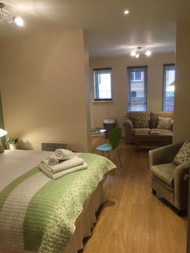 1 dormitorio con 1 cama y sala de estar en Number 10 Serviced Apartment - City Center en Southampton