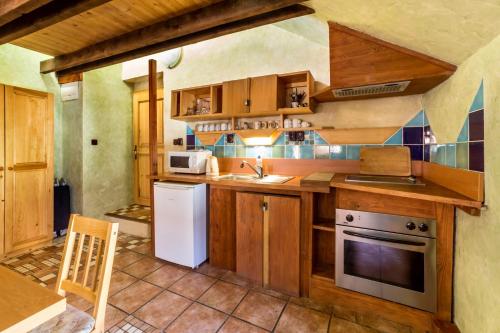a kitchen with wooden cabinets and a white refrigerator at Pension U Hada in Český Krumlov