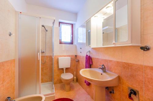 een badkamer met een toilet, een wastafel en een douche bij Apartments Valbandon in Fažana