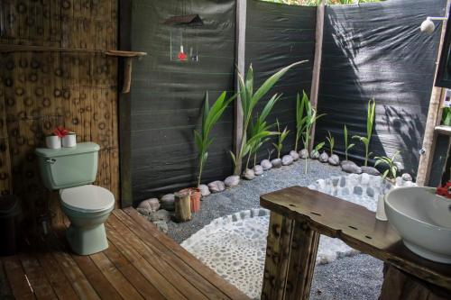 a bathroom with a toilet and a sink at La Leona Eco Lodge in Carate