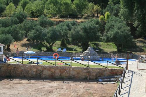 a large swimming pool with trees in the background at Apartamentos Rurales El Pinar in Coto Ríos