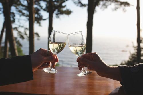 two people holding up glasses of white wine at Lost Whale Inn in Trinidad