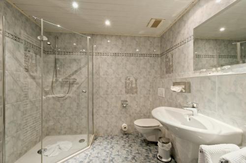 a bathroom with a shower and a sink and a toilet at Landhotel Lohmann in Langenfeld