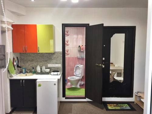 ズヴェニゴロドにあるSuponevo Studio Apartment Zvenigorodの小さなバスルーム(洗面台、トイレ付)