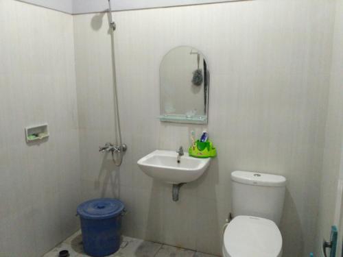 y baño con lavabo, aseo y espejo. en mas Eko Jlatren kost homestay en Prambanan
