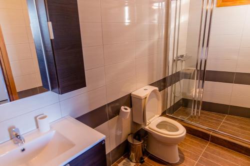 a bathroom with a toilet and a sink and a shower at Lindos SeaView Apartment in Líndos