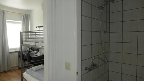 a bathroom with a walk in shower next to a sink at Grums Old House in Grums