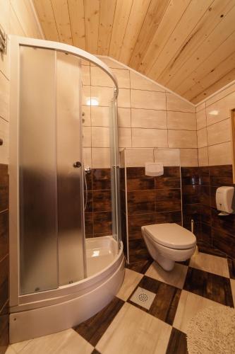 a bathroom with a shower and a toilet and a tub at Guest House Rustico in Korenica