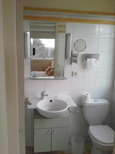 une salle de bain avec un lavabo, des toilettes et un miroir dans l'établissement Les Roches d'Argent, à Plestin-les-Grèves