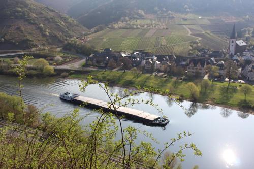 a barge on a river with a town in the background at Ferienwohnungen Am Bruttiger Moselsteig in Bruttig-Fankel