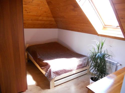 a small room with a bed in a attic at Apartament Kurzejówka in Rabka-Zdrój