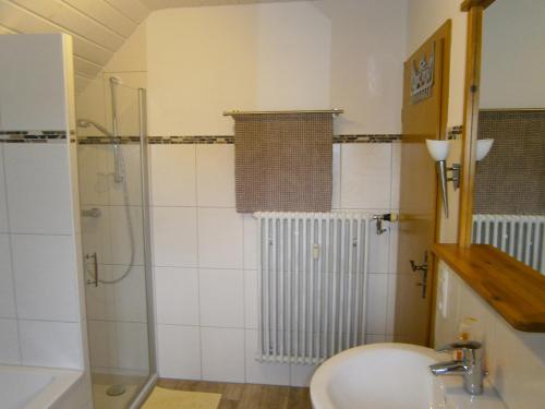 een badkamer met een wastafel en een douche bij Ferienwohnung Abendsonne am Europa-Park in Rheinhausen