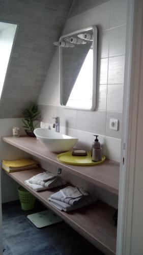La salle de bains est pourvue d'un lavabo et d'un miroir. dans l'établissement 1 chambre d'hôte entre terre et mer, à Quimperlé