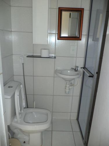 Baño pequeño con aseo y lavamanos en Apartamento Boa Viagem, en Recife