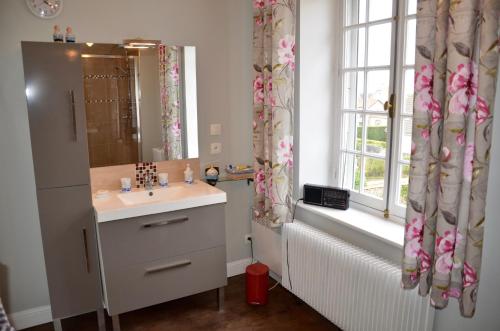 a bathroom with a sink and a mirror and a window at La Minaudière 62 in Boulogne-sur-Mer