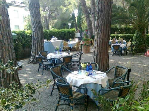 a group of tables and chairs in a yard with trees at Hotel Massimo in Marina di Cecina