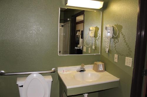 a bathroom with a sink and a toilet and a mirror at Knights Inn Albany in Albany
