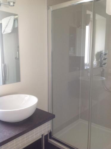 a bathroom with a glass shower and a sink at Quinlan & Cooke Boutique Townhouse and QCs Seafood Restaurant in Cahersiveen