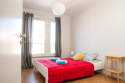 1 dormitorio con cama roja y ventana en Apartament Uniwersytet, en Toruń