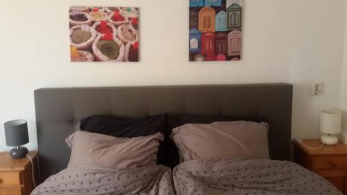 een slaapkamer met een bed met twee foto's aan de muur bij B&B Meerland in Oostwold