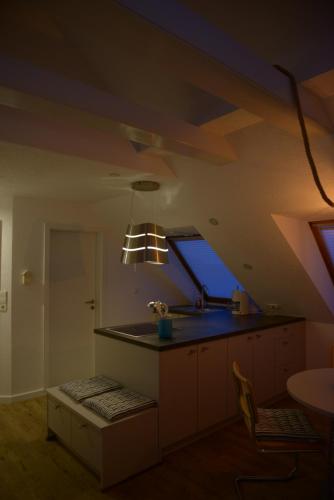 een keuken met een plafond met een lamp bij Haus Sabina in Helgoland